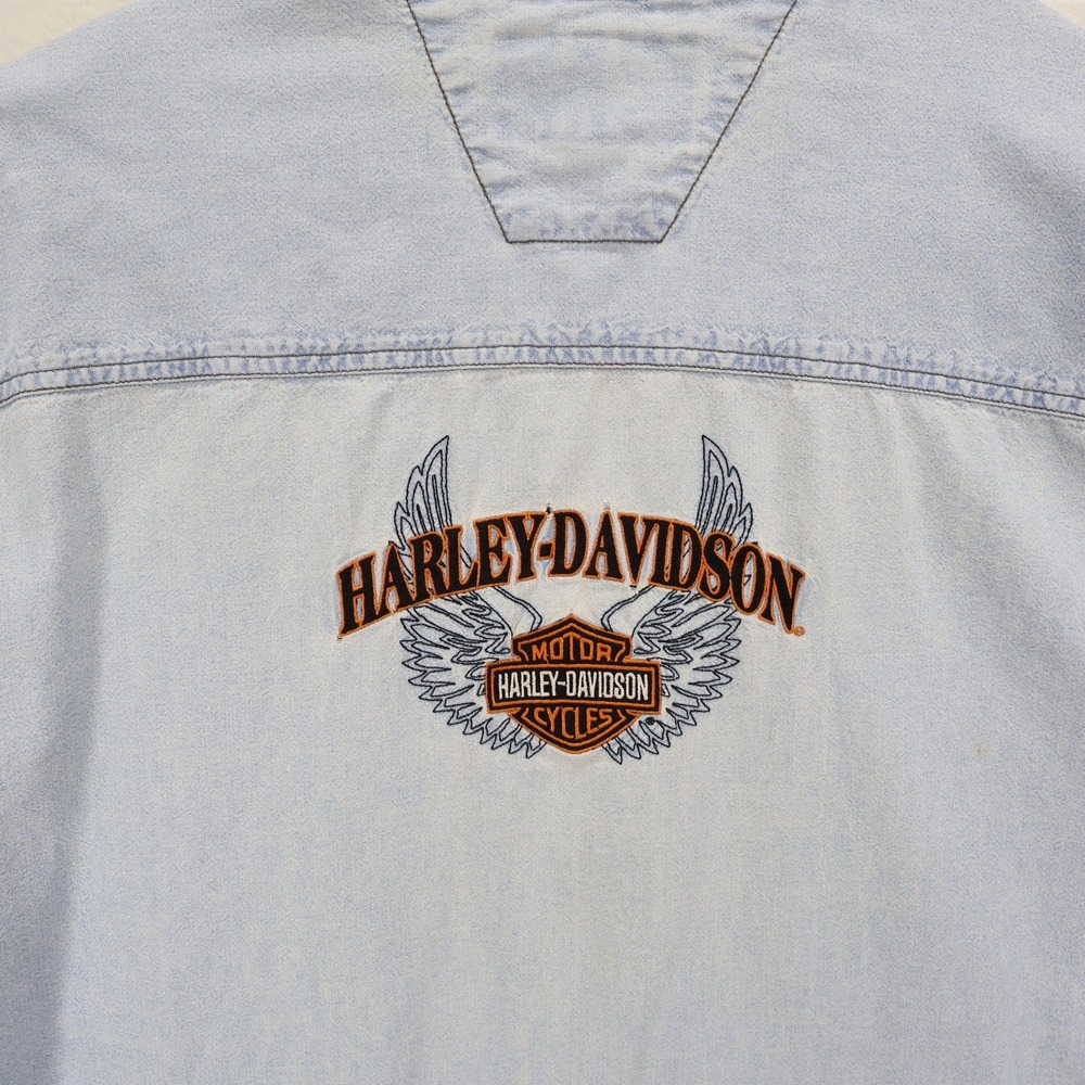 Harley Davidson XXL Light Wash Denim Button Shirt '03 C8036 HMGL Thrashed *READ - Picture 12 of 15